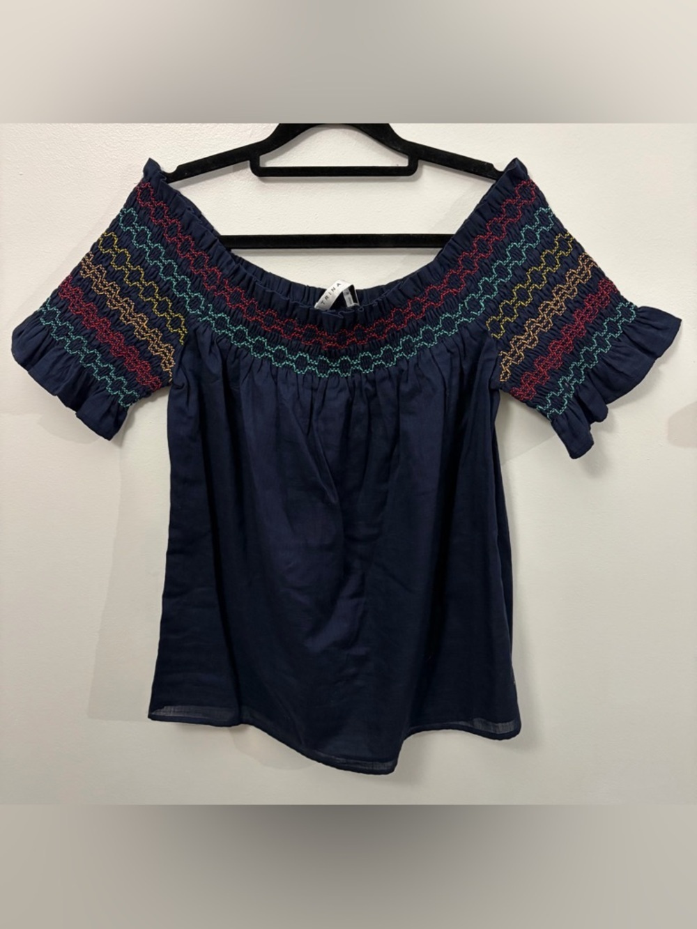 Trina Turk Off-Shoulder Navy Smocked Top with Multicolor Stitching - Picture 3 of 9